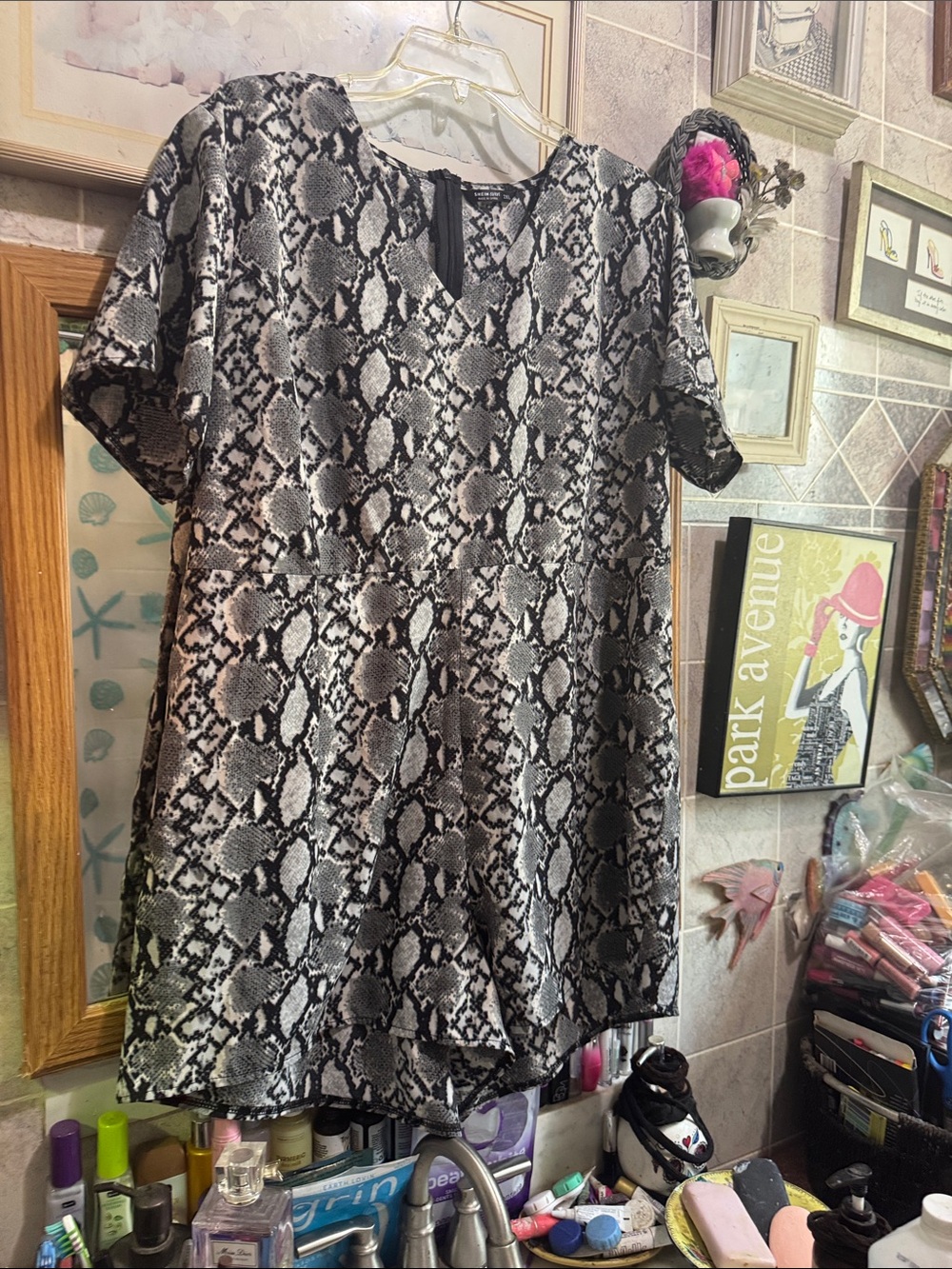 Snake Print Short Sleeve Romper - Black & Gray
